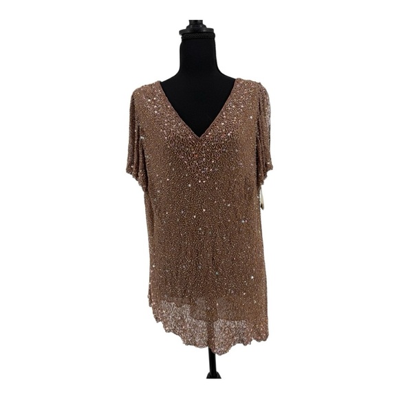 Adrianna Papell Boutique 1X Silk Beaded Sequin Blouse Sparkling Stars Golden NWT - Picture 6 of 15